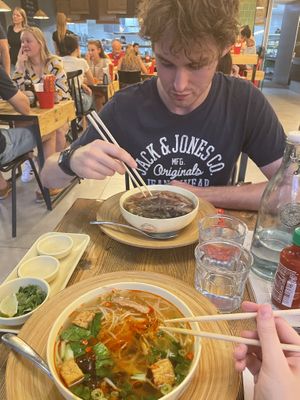 Tofu ragu (closest) & the mock chicken glass noodle soup with mushrooms (can’t recall the name)  at Oriental Soup House - Szervita tér in Budapest