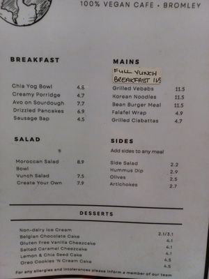 Menu at Vunch in Bromley