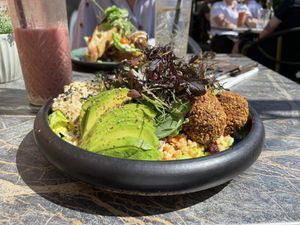 Buddha bowl and signature shake  at Café Baghuset in Viborg