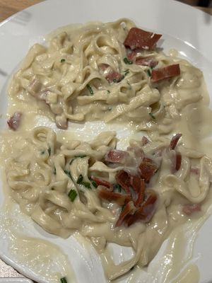 Tallerines Carbonara - very rich but delicious!  And it has more of the bacon   at A Flama in Zaragoza