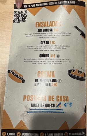 Menu  at A Flama in Zaragoza