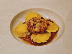 Bottoni Bologna: vegan almond ricotta parcels with bolognase. Was a bit bland for my liking but still enjoyable.   at Linfa in Milan