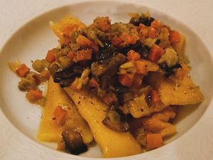 Agnolotti pasta: pumpkin and vegetables. Very tasty!    at Linfa in Milan