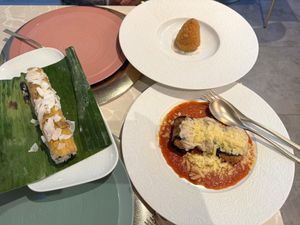 Left — Tropical sushi; Top right — Arancini; Bottom right — Involtini at Linfa in Milan