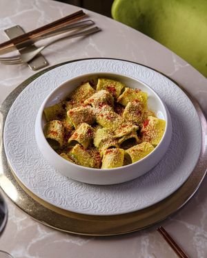 Paccheri with Asparagus, Zucchini and Tarragon Cream at Linfa in Milan