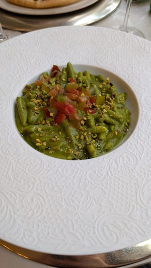 Garganelli with fresh pistachio and basil pesto at Linfa in Milan