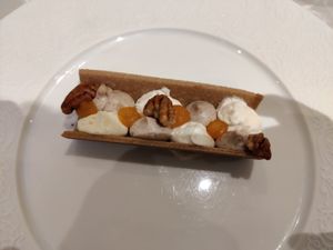 Apricot, vanilla, and pecan dessert at Linfa in Milan