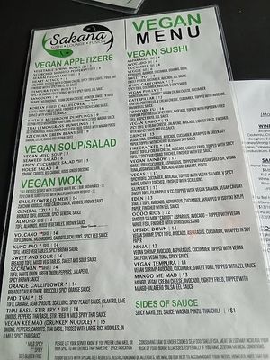 the vegan menu  at Sakana in Rocky River
