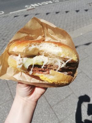 Ruben bagel at Sasparella Vegan Deli + Donut Delivery in Falmouth