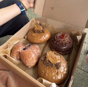Biscoff donut, blueberry fritter and chocolate strawberry cheesecake!! 😛  at Sasparella Vegan Deli + Donut Delivery in Falmouth