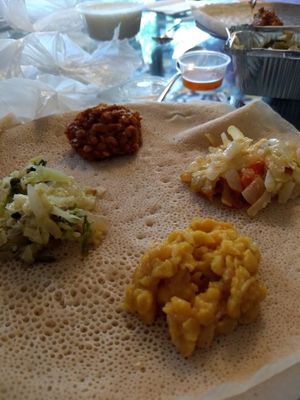 Ethiopian sourdough pancake with vegan selection at Taste of Ethiopia in Belfast