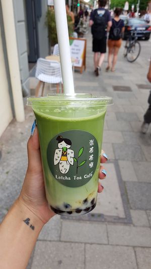 Veganized matcha bubbletea with oatly  at Letcha Japanese Bakery & Tea Shoppe in Munich