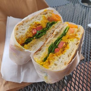 Butternut squash and spinach ciabatta at Arbutus Coffee in Vancouver