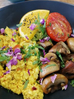 Egg bowls with tofu and no sausage at The Chakra Lounge in Sheffield