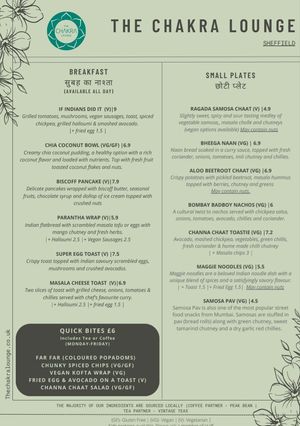 Menu at The Chakra Lounge in Sheffield