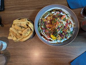 Samosa chaat and masala chips at The Chakra Lounge in Sheffield
