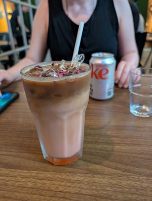 Iced turkish delight (rose & coffee) with oat milk at The Chakra Lounge in Sheffield