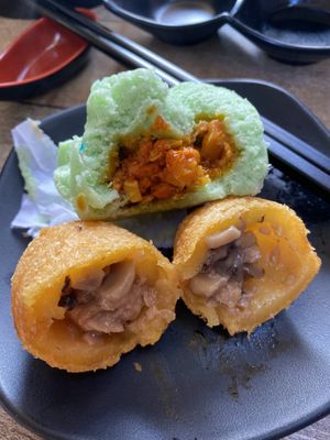 Inside the vegan BBQ pork bun & vegan ham sui gok  at Iron Teapot Dim Sum in Culver City