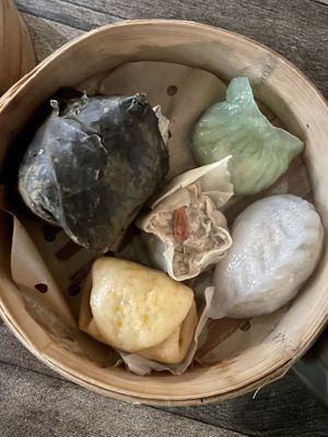 Vegan Steamed Lunch Box (Vegan Steamed Lunch Box - Vegan Lor Mai Gai, Vegan Yam Hot Dog Bun, Steamed Vegan BBQ Pork Bun, Vegan Ha Gao, Vegan Siu Mai)  at Iron Teapot Dim Sum in Culver City