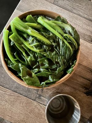 Steamed Chinese Broccoli with Vegan Oyster Sauce (SO GOOD, perfectly steamed and I would drink that sauce from a cup!)  at Iron Teapot Dim Sum in Culver City