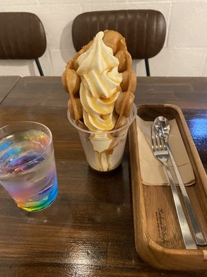 Waffle soy ice cream   at Torikai Cafe in Fukuoka