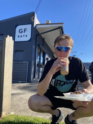 Iced Soy Latte, Vegan Chocolate Donut and fudge  at GF EATS in Bellambi