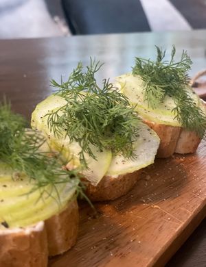Cucumber dill bread. Simple and Fresh. I really liked them to put whole dill stalk, not just a chopped sprinkles!  at Retro33 - 레트로33 in Yongin
