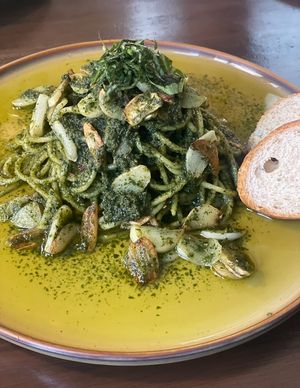 Perilla leaf pesto pasta. I love perilla leaves & garlic both a lot. A LOT😄 at Retro33 - 레트로33 in Yongin