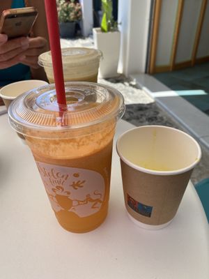 Sun Up Juice and Ginger Shot   at Stolen Fruit in Santorini