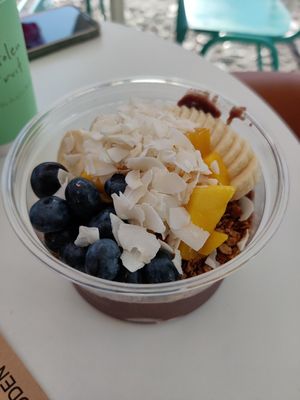 Acai Bowl with coconut blueberries and mango at Stolen Fruit in Santorini