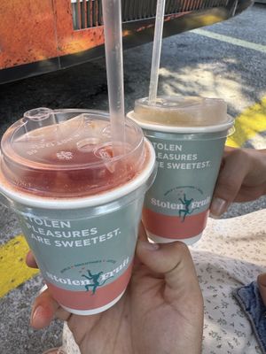 Watermelon juice and minty lemonadee  at Stolen Fruit in Santorini
