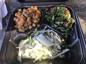 Butternut squash and chickpea salad, quinoa tabouli and Lebanese cabbage slaw at Neomonde Mediterranean in Raleigh