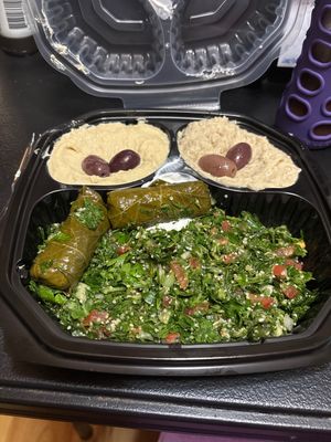 Neomonde Platter(hummus, baba ganouj, stuffed grape leaves, tabbouli… vegans should ask for no labneh which has dairy in it)  at Neomonde Mediterranean in Raleigh
