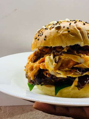 Hamburguesa de No-pollo Seitan y Teriyaki! at Tacos ALV  in Playa Del Carmen