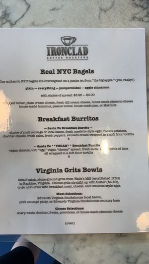 Menu at Ironclad Coffee Roasters in Richmond