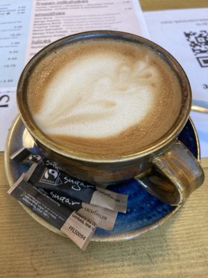 Flat white with oat milk at m'Eating Point in Llangollen
