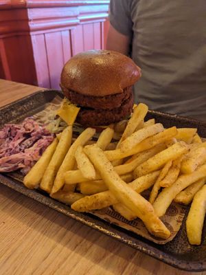 Double stacked burger with vegan cheesee  at m'Eating Point in Llangollen