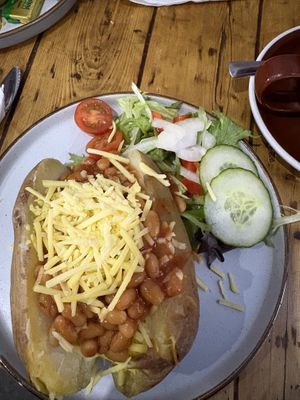 Jacket potato with beans & vegan cheese   at Wyndenwell in Bamburgh