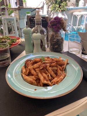 Penne with vegan meatballs and a hint of cinnamon  at Gemma Naxian Bar in Naxos
