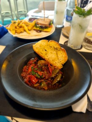 daily special (vegetable stew) and vegan, gluten free club sandwich at Gemma Naxian Bar in Naxos