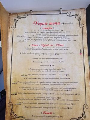 Separate vegan menu at Gemma Naxian Bar in Naxos