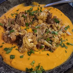 Cauliflower on sweet potato purée at Gemma Naxian Bar in Naxos