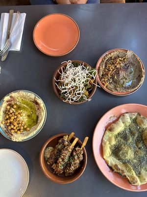 (the skewers are chicken so obvs not vegan! but everything else is vegan: hummus, flatbread, baba ganoush, aubergine )  at Ernest in Newcastle Upon Tyne