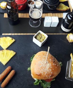 Vegan burger + cheese fingers at Casino da Ursa in Zambujeira Do Mar