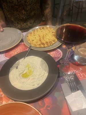 Tzatziki and pita bread  at Mother Earth in Mykonos