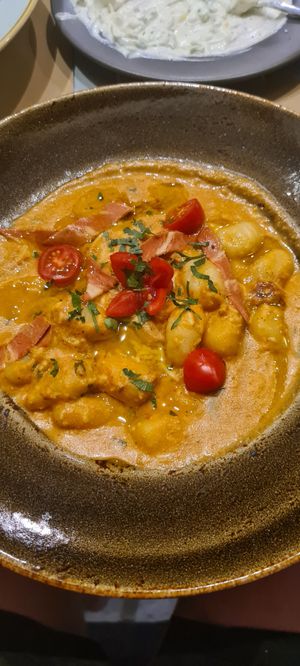 Vegan gnocchi with red pesto at Mother Earth in Mykonos