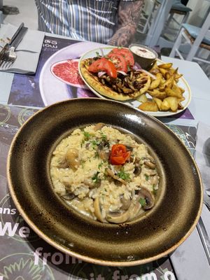 Mushroom risotto and mushroom gyros  at Mother Earth in Mykonos