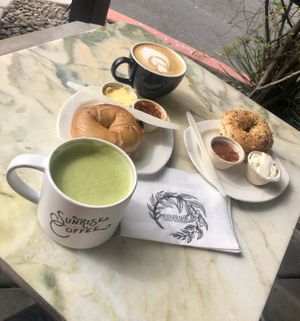 Matcha latte with coconut milk, cappuccino with coconut milk at Sunrise Coffee in Las Vegas