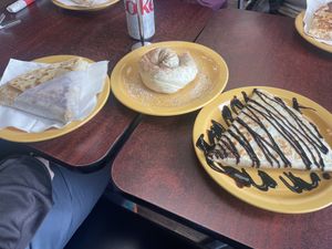 All vegan - Veggie on the left, caprese on the right and Nutella like spread, banana and walnuts in the middle!  at The Crepery in Fairbanks