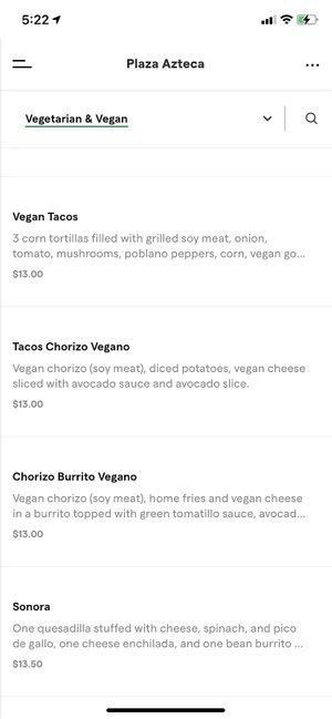 Vegetarian & Vegan Menu  at Plaza Azteca in Reading